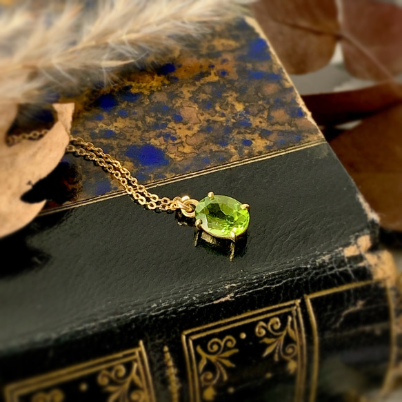 14kgf 天然石ペリドットのひと粒ネックレス 8月誕生石 18kGP 1枚目の画像