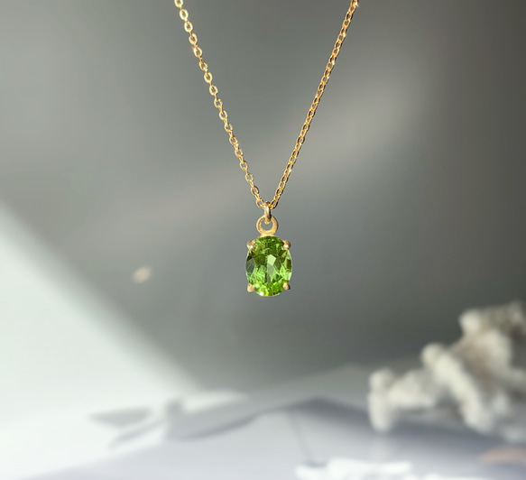 14kgf 天然石ペリドットのひと粒ネックレス 8月誕生石 18kGP 2枚目の画像