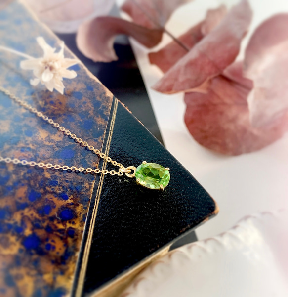 14kgf 天然石ペリドットのひと粒ネックレス 8月誕生石 18kGP 6枚目の画像