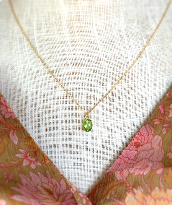 14kgf 天然石ペリドットのひと粒ネックレス 8月誕生石 18kGP 8枚目の画像