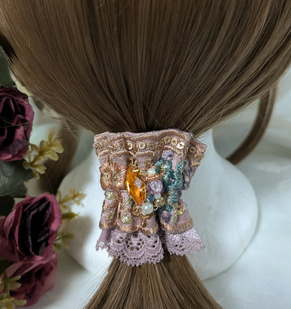 再販可能】ミニシュシュ ヘアゴムカバー ピンク系の綺麗な花柄 インド