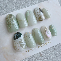 成人式 ネイルチップ みどり 薄い緑 ピスタチオグリーン 和風 前撮り 和柄 振袖 菊アート 和装 着物用 和服 晴れ着 2枚目の画像