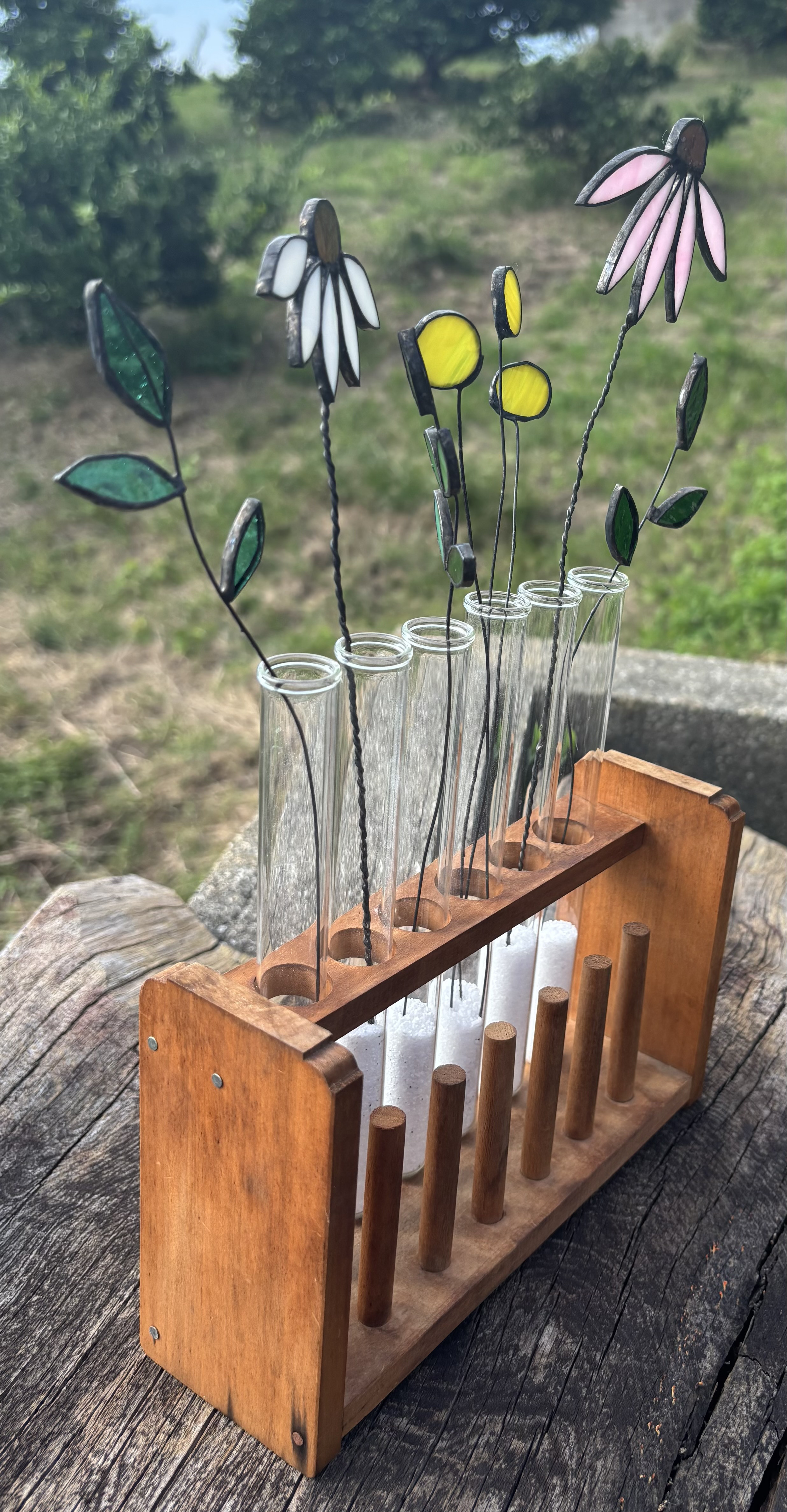 ガラスのお花たち エキナセア 葉っぱ アリウム ステンドグラス