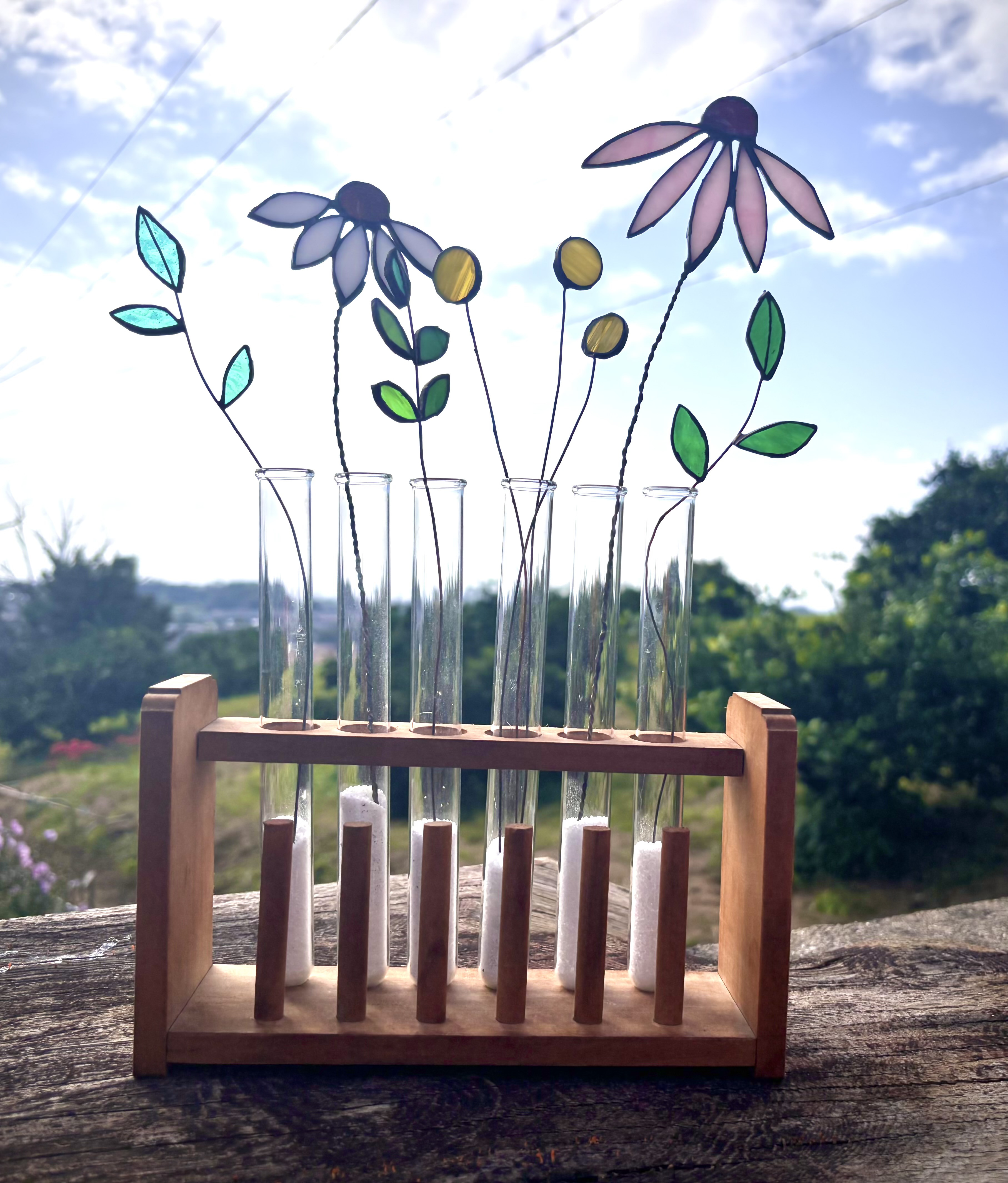 ガラスのお花たち エキナセア 葉っぱ アリウム ステンドグラス