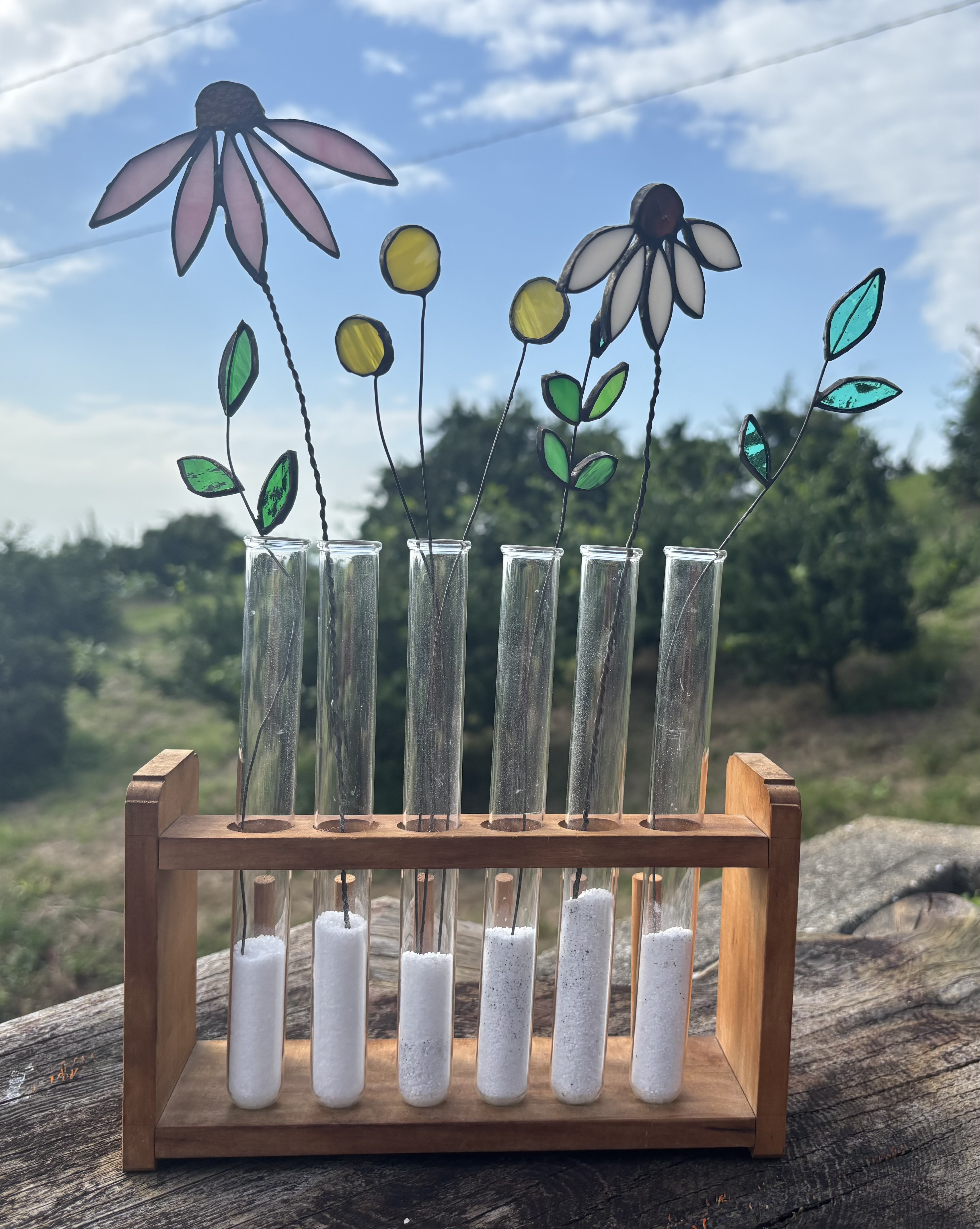 ガラスのお花たち エキナセア 葉っぱ アリウム ステンドグラス