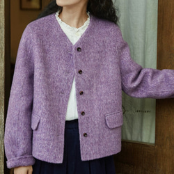 上品で暖かいツイード　ノーカラーウールのショートコート【秋冬春】ラベンダー 7枚目の画像