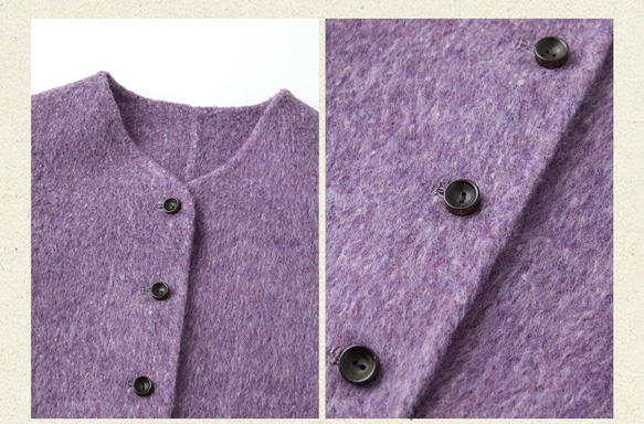 上品で暖かいツイード　ノーカラーウールのショートコート【秋冬春】ラベンダー 5枚目の画像