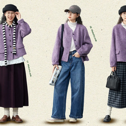 上品で暖かいツイード　ノーカラーウールのショートコート【秋冬春】ラベンダー 14枚目の画像