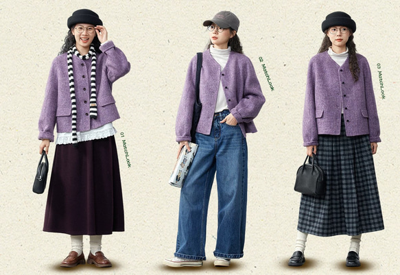 上品で暖かいツイード　ノーカラーウールのショートコート【秋冬春】ラベンダー 14枚目の画像