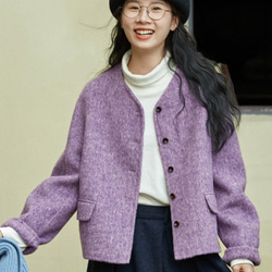 上品で暖かいツイード　ノーカラーウールのショートコート【秋冬春】ラベンダー 10枚目の画像