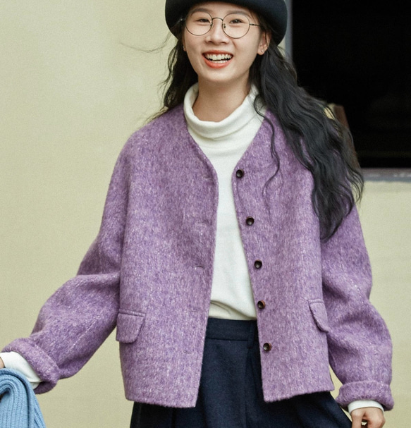 上品で暖かいツイード　ノーカラーウールのショートコート【秋冬春】ラベンダー 10枚目の画像