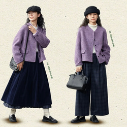 上品で暖かいツイード　ノーカラーウールのショートコート【秋冬春】ラベンダー 13枚目の画像