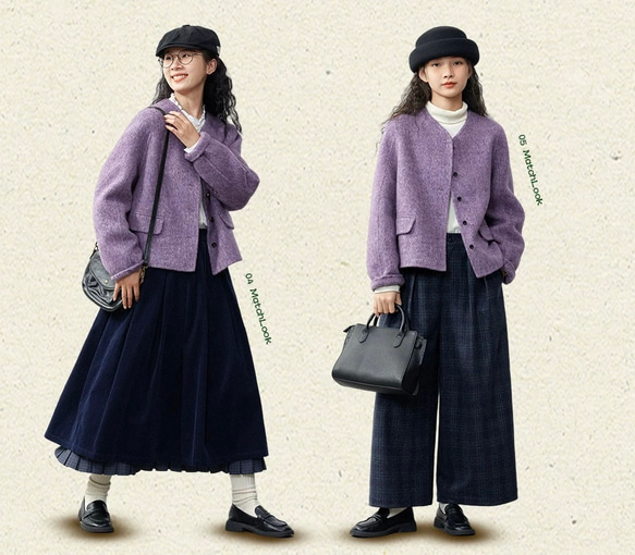 上品で暖かいツイード　ノーカラーウールのショートコート【秋冬春】ラベンダー 13枚目の画像