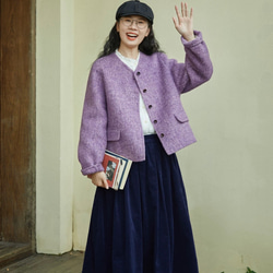 上品で暖かいツイード　ノーカラーウールのショートコート【秋冬春】ラベンダー 11枚目の画像