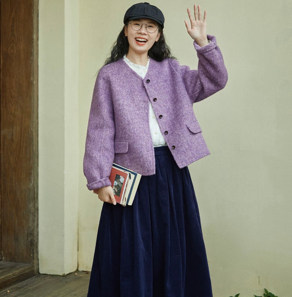 上品で暖かいツイード　ノーカラーウールのショートコート【秋冬春】ラベンダー 11枚目の画像