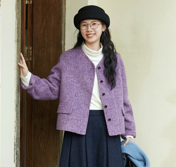 上品で暖かいツイード　ノーカラーウールのショートコート【秋冬春】ラベンダー 1枚目の画像