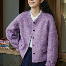 上品で暖かいツイード　ノーカラーウールのショートコート【秋冬春】ラベンダー 2枚目の画像