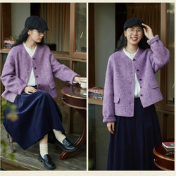 上品で暖かいツイード　ノーカラーウールのショートコート【秋冬春】ラベンダー 12枚目の画像