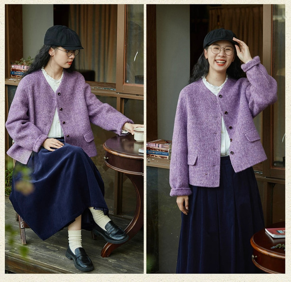 上品で暖かいツイード　ノーカラーウールのショートコート【秋冬春】ラベンダー 12枚目の画像