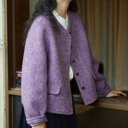 上品で暖かいツイード　ノーカラーウールのショートコート【秋冬春】ラベンダー 3枚目の画像