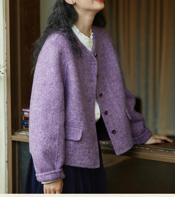 上品で暖かいツイード　ノーカラーウールのショートコート【秋冬春】ラベンダー 3枚目の画像