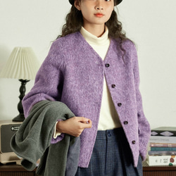 上品で暖かいツイード　ノーカラーウールのショートコート【秋冬春】ラベンダー 8枚目の画像