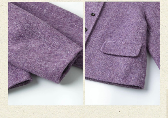 上品で暖かいツイード　ノーカラーウールのショートコート【秋冬春】ラベンダー 6枚目の画像