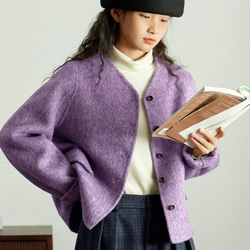 上品で暖かいツイード　ノーカラーウールのショートコート【秋冬春】ラベンダー 9枚目の画像