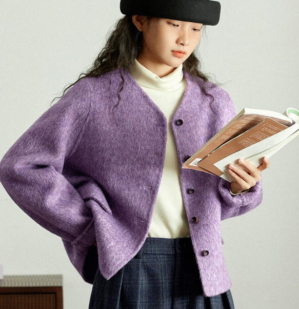 上品で暖かいツイード　ノーカラーウールのショートコート【秋冬春】ラベンダー 9枚目の画像