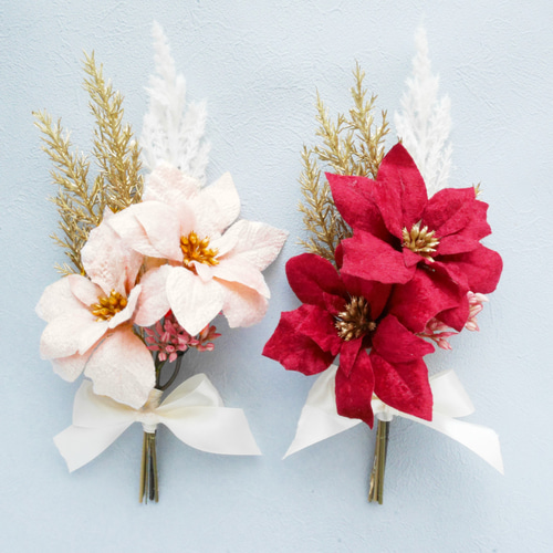 クレイフラワー♡ロココ調リボン台にピンクのポインセチア♡クリスマス♡ハンドメイド 発表会に♡ピンクのポインセチアとプルメリアの髪飾り ヘアクリップ