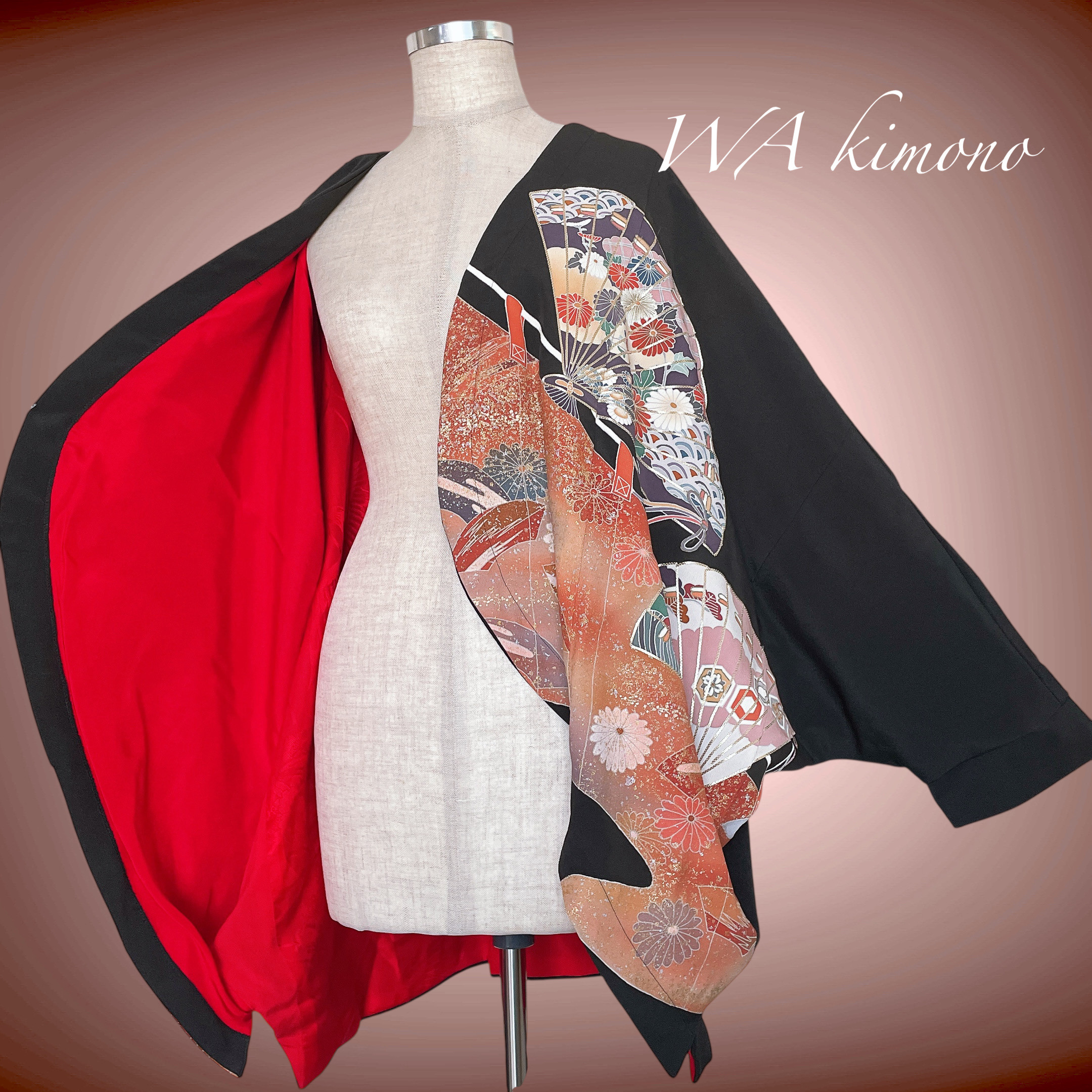 黒留袖 裏赤 カーディガン 正絹 フリーサイズ 結婚式 フォーマル 着物リメイク ドルマン 黒 N71003