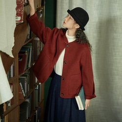 2色　ノーカラーウールのショートコート　ポケット付き【秋冬春】カーキ・レッド 3枚目の画像