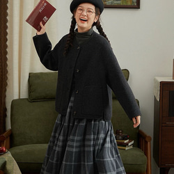 2色　ノーカラーウールのショートコート　ポケット付き【秋冬春】カーキ・レッド 17枚目の画像