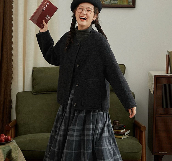 2色　ノーカラーウールのショートコート　ポケット付き【秋冬春】カーキ・レッド 17枚目の画像