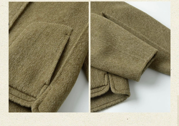 2色　ノーカラーウールのショートコート　ポケット付き【秋冬春】カーキ・レッド 6枚目の画像