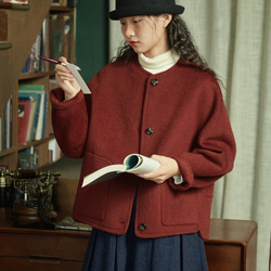 2色　ノーカラーウールのショートコート　ポケット付き【秋冬春】カーキ・レッド 2枚目の画像