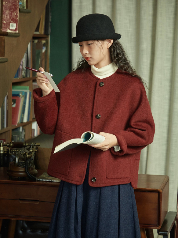 2色　ノーカラーウールのショートコート　ポケット付き【秋冬春】カーキ・レッド 2枚目の画像