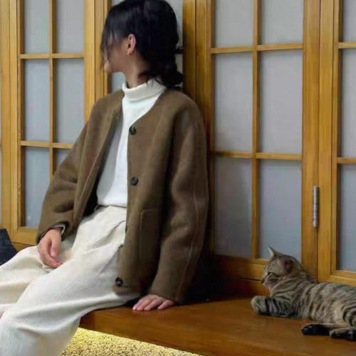 2色ノーカラーウールのショートコート ポケット付き【秋冬春】カーキ