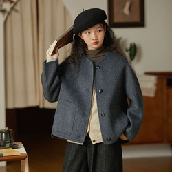 2色　ノーカラーウールのショートコート　ポケット付き【秋冬春】カーキ・レッド 16枚目の画像