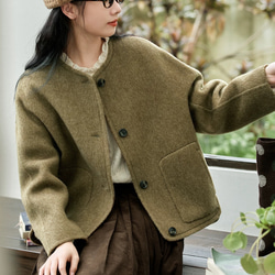 2色　ノーカラーウールのショートコート　ポケット付き【秋冬春】カーキ・レッド 8枚目の画像