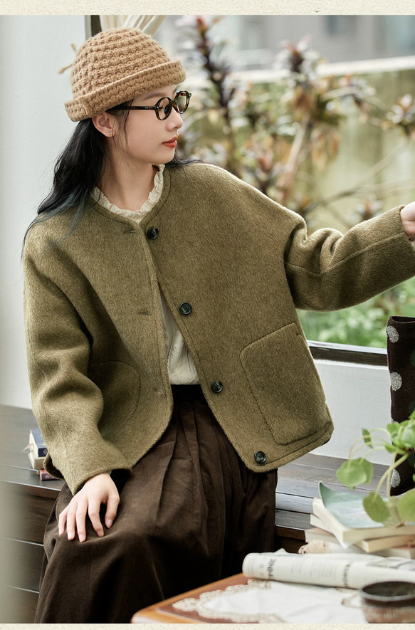 2色　ノーカラーウールのショートコート　ポケット付き【秋冬春】カーキ・レッド 8枚目の画像