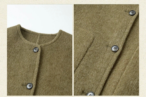 2色　ノーカラーウールのショートコート　ポケット付き【秋冬春】カーキ・レッド 5枚目の画像