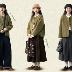 2色　ノーカラーウールのショートコート　ポケット付き【秋冬春】カーキ・レッド 10枚目の画像