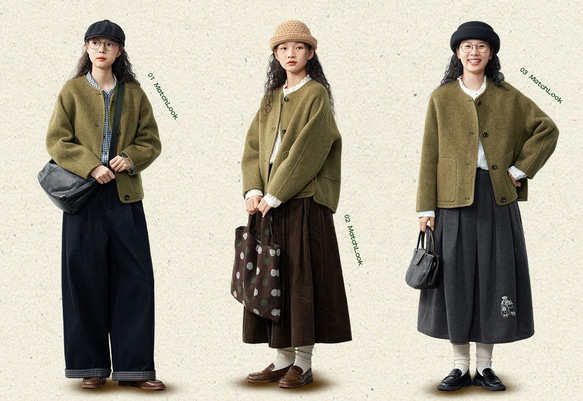 2色　ノーカラーウールのショートコート　ポケット付き【秋冬春】カーキ・レッド 10枚目の画像