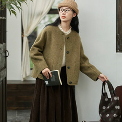 2色　ノーカラーウールのショートコート　ポケット付き【秋冬春】カーキ・レッド 11枚目の画像