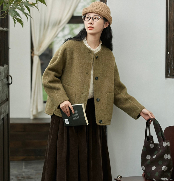 2色　ノーカラーウールのショートコート　ポケット付き【秋冬春】カーキ・レッド 11枚目の画像