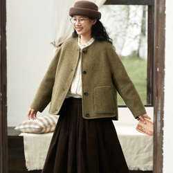 2色　ノーカラーウールのショートコート　ポケット付き【秋冬春】カーキ・レッド 12枚目の画像