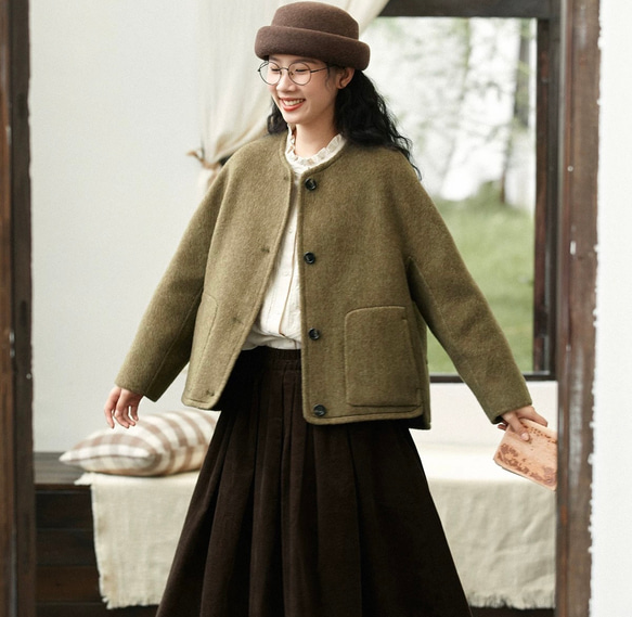 2色　ノーカラーウールのショートコート　ポケット付き【秋冬春】カーキ・レッド 12枚目の画像