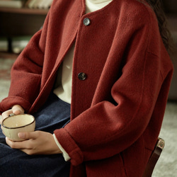 2色　ノーカラーウールのショートコート　ポケット付き【秋冬春】カーキ・レッド 14枚目の画像