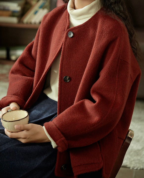2色　ノーカラーウールのショートコート　ポケット付き【秋冬春】カーキ・レッド 14枚目の画像